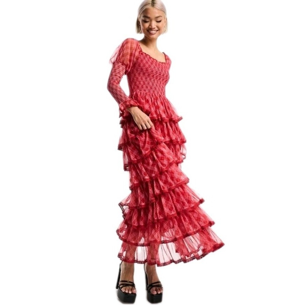 Amy Jane London Luna Maxi Dress M Red Pink Plaid Mesh Tiered Cottagecore Long